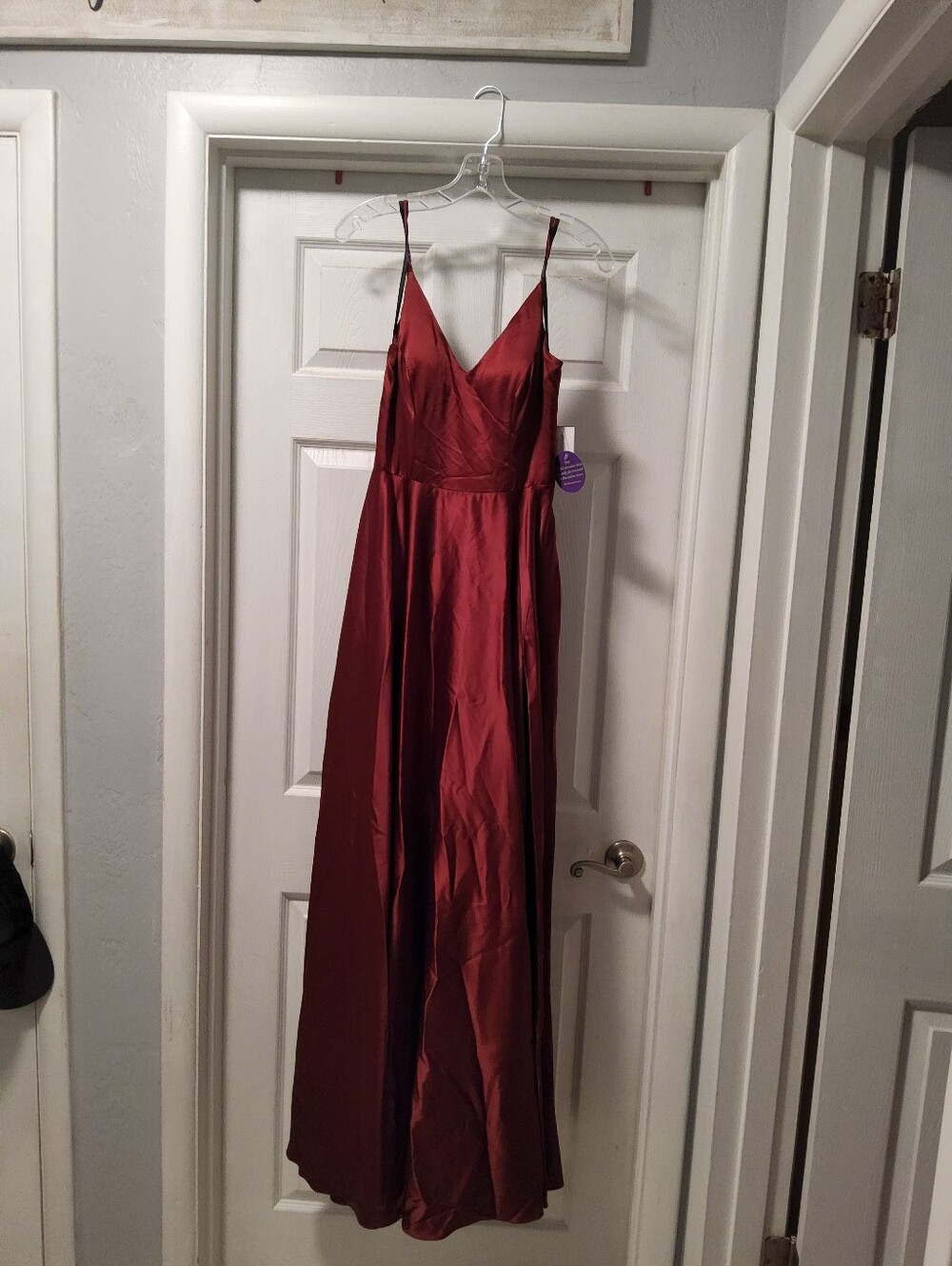 Windsor Burgundy Satin V-Neck Spaghetti Strap Gown